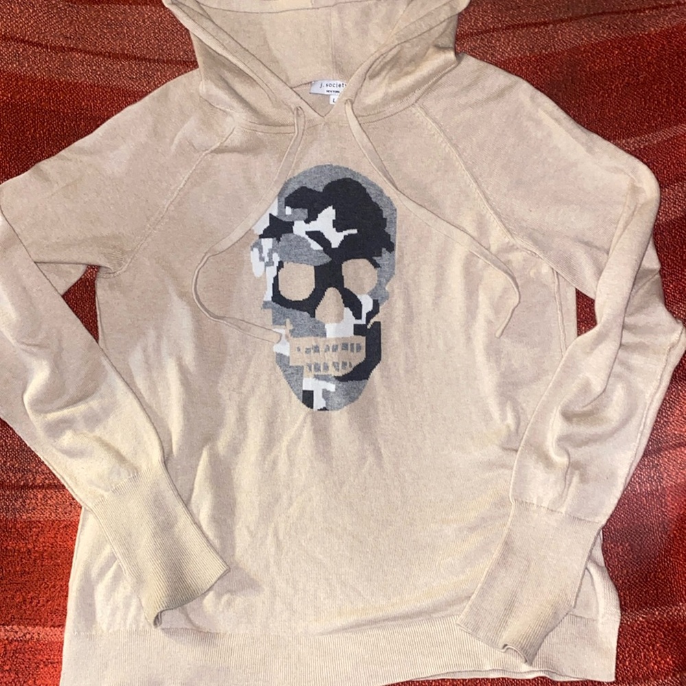 SKULL SWEATER J SOCIETY NEW YORK COTTON HOODED PULLOVR SZ LARGE